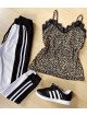 Compleu dama pantaloni albi casual si maieu animal print material premium cu dantela Compleu dama pantaloni albi casual si maieu animal print material premium cu dantela