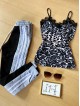 Compleu dama pantaloni gri cu negru casual cu dungi si maieu animal print material premium cu dantela Compleu dama pantaloni gri cu negru casual cu dungi si maieu animal print material premium cu dantela