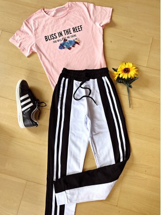 Compleu dama pantaloni albi casual si tricou roz bumbac dama roz material premium