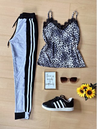 Compleu dama pantaloni gri cu negru casual si maieu animal print gri material premium cu dantela