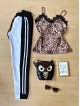 Compleu dama pantaloni albi casual cu dungi si maieu animal print maro deschis material premium cu dantela Compleu dama pantaloni albi casual cu dungi si maieu animal print maro deschis material premium cu dantela
