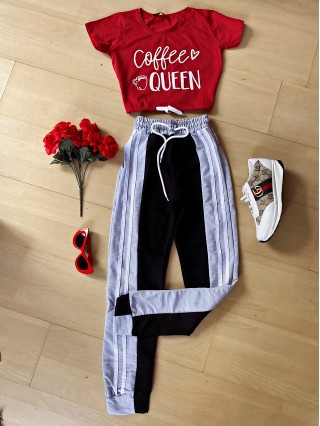 Compleu dama pantaloni gri cu negru casual si tricou rosu Coffee