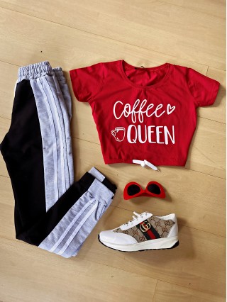 Compleu dama pantaloni gri cu negru casual si tricou rosu Coffee
