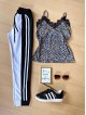 Compleu dama pantaloni albi cu negru casual cu dungi si maieu animal print material premium cu dantela Compleu dama pantaloni albi cu negru casual cu dungi si maieu animal print material premium cu dantela