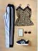 Compleu dama pantaloni albi casual cu dungi si maieu animal print material premium cu dantela Compleu dama pantaloni albi casual cu dungi si maieu animal print material premium cu dantela
