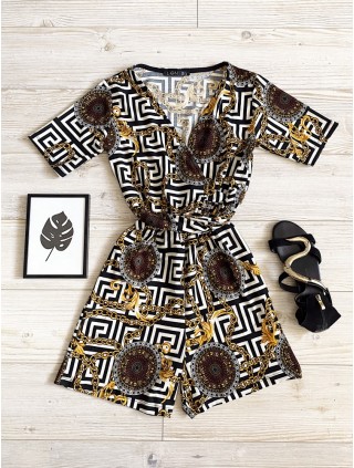 Salopeta dama casual scurta neagra cu imprimeu zig-zag