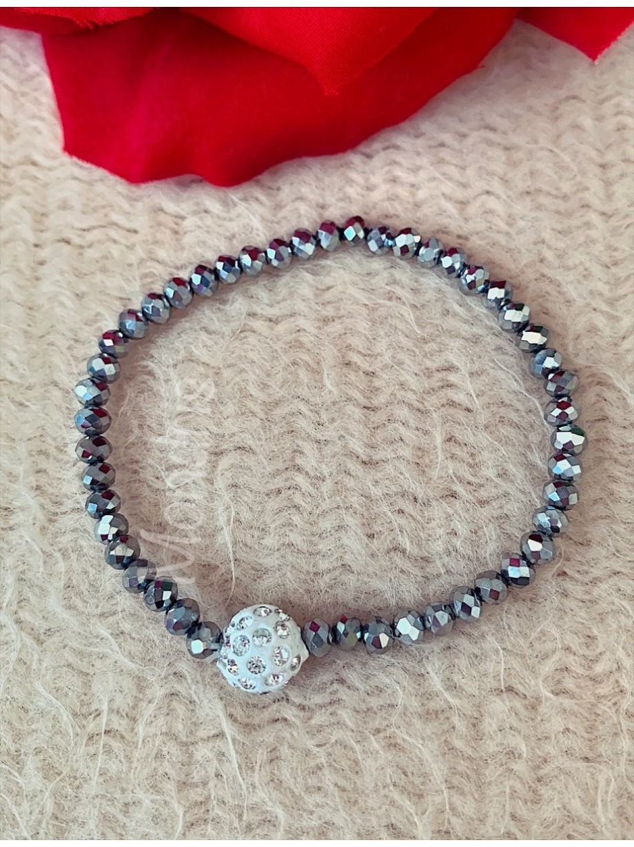 Bratara dama elastica cu margele argintii si biluta alba