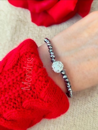 Bratara dama elastica cu margele argintii si biluta alba