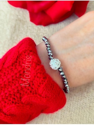 Bratara dama elastica cu margele argintii si biluta alba