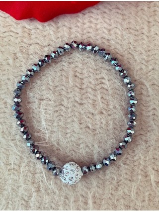 Bratara dama elastica cu margele argintii si biluta alba