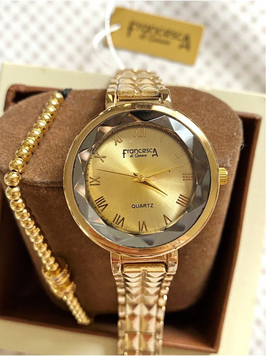 Ceas dama auriu cu bratara metalica si cadran gri si auriu