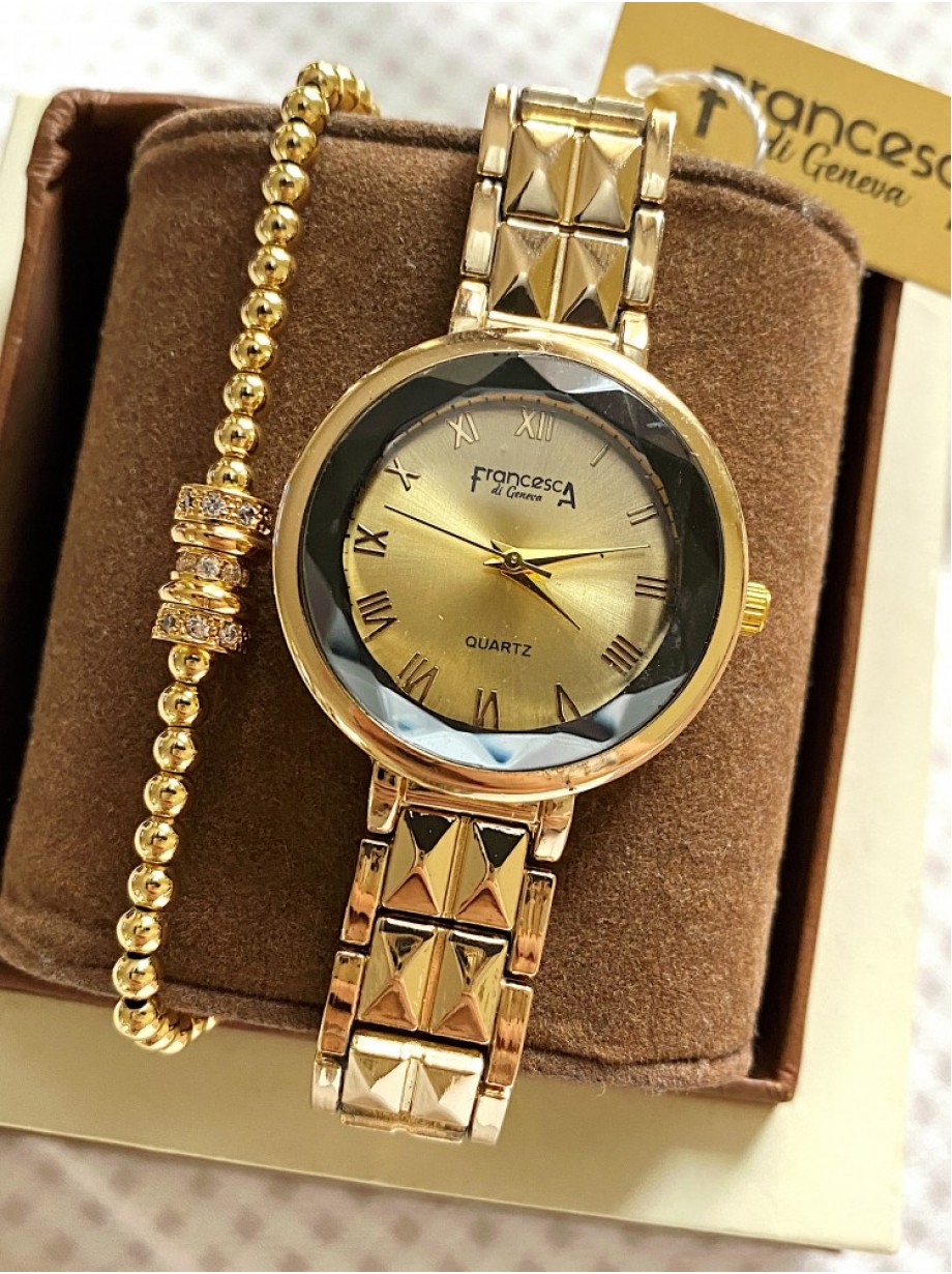 Ceas dama auriu cu bratara metalica si cadran gri si auriu