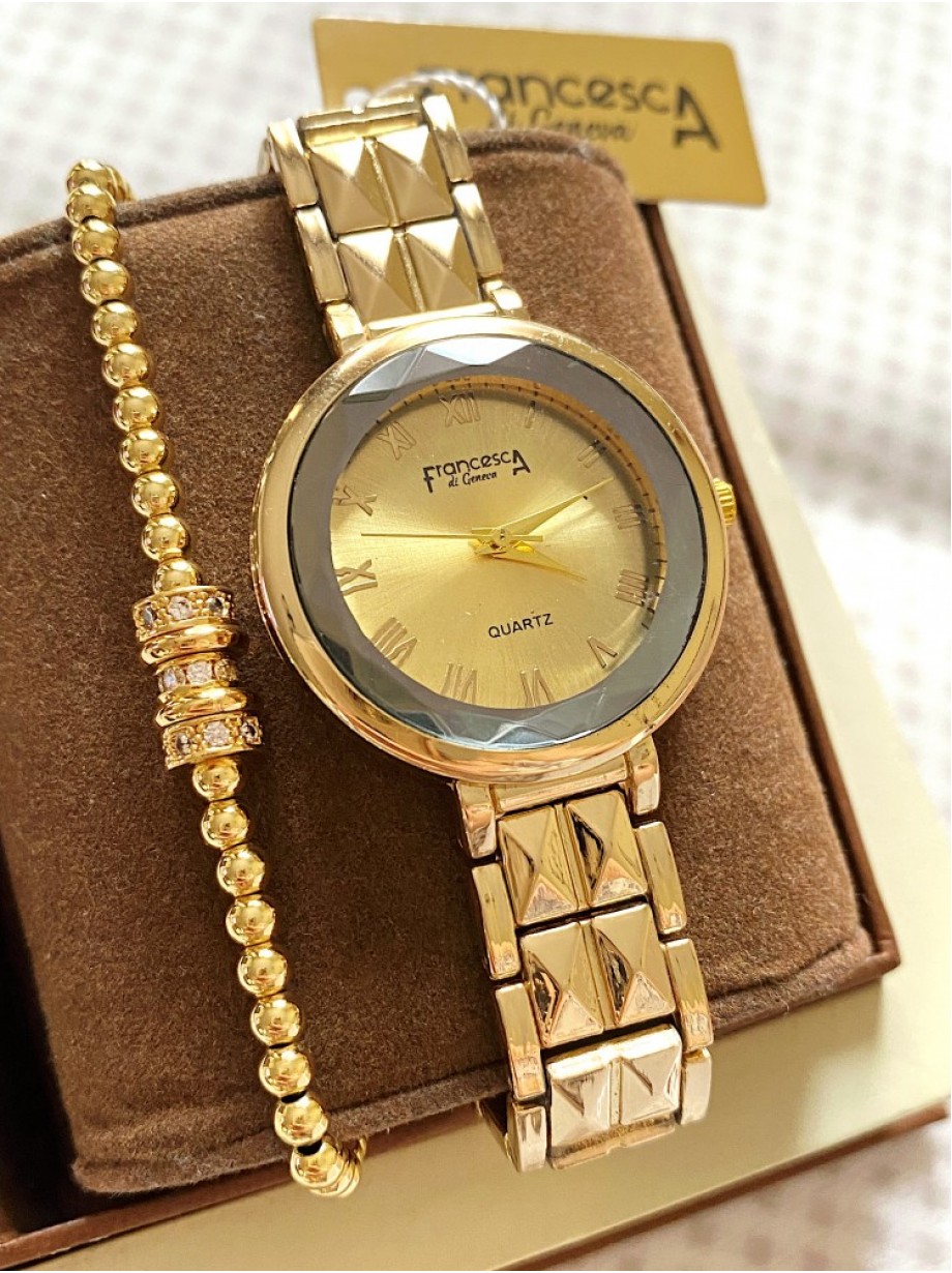 Ceas dama auriu cu bratara metalica si cadran gri si auriu