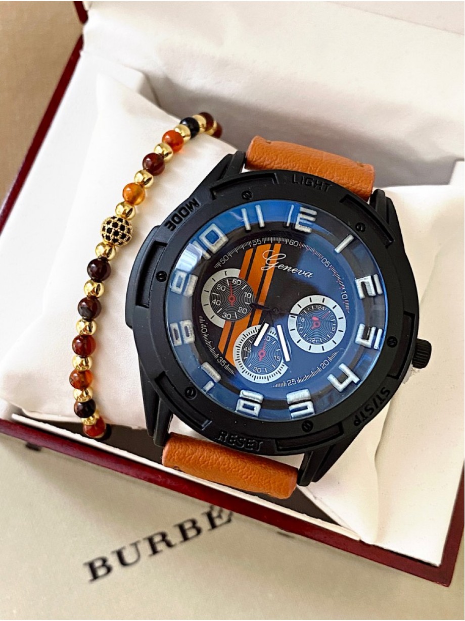 Ceas barbat maro cu bratara din piele ecologica si 3 cadrane