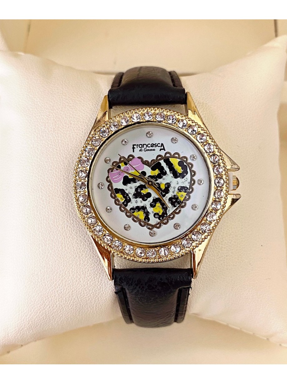 Ceas dama negru cu bratara din piele ecologica si cadran cu inima si fundita