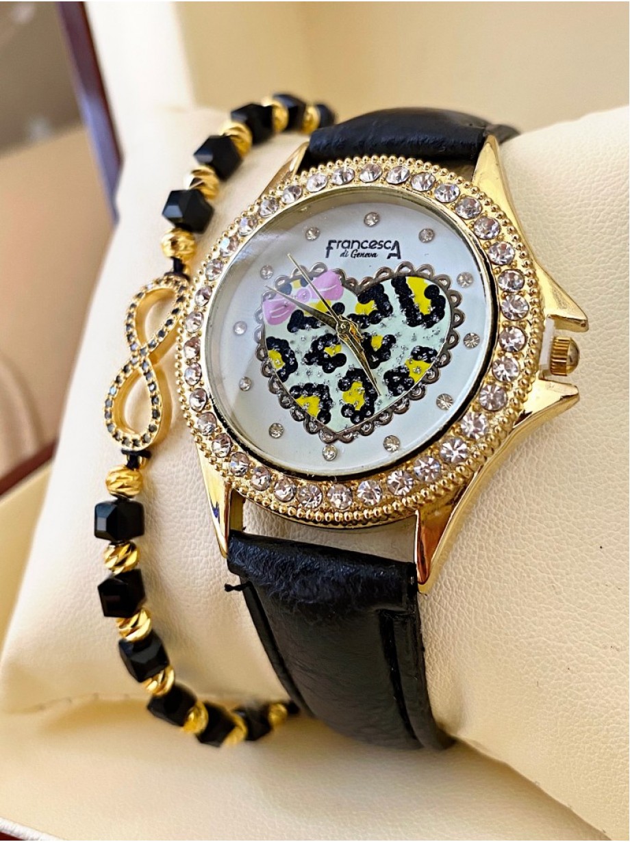 Ceas dama negru cu bratara din piele ecologica si cadran cu inima si fundita