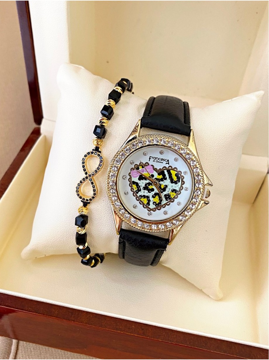 Ceas dama negru cu bratara din piele ecologica si cadran cu inima si fundita