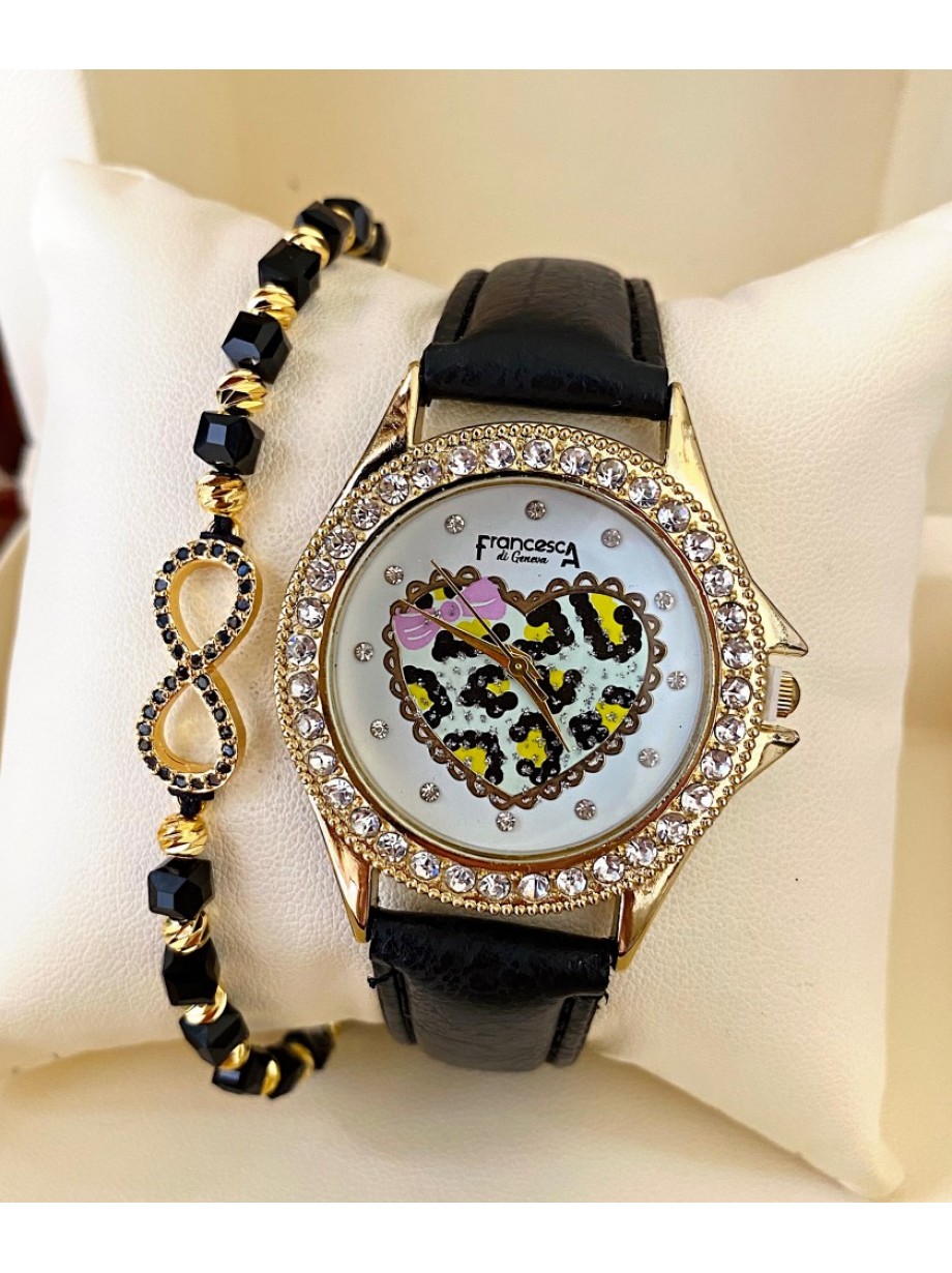 Ceas dama negru cu bratara din piele ecologica si cadran cu inima si fundita