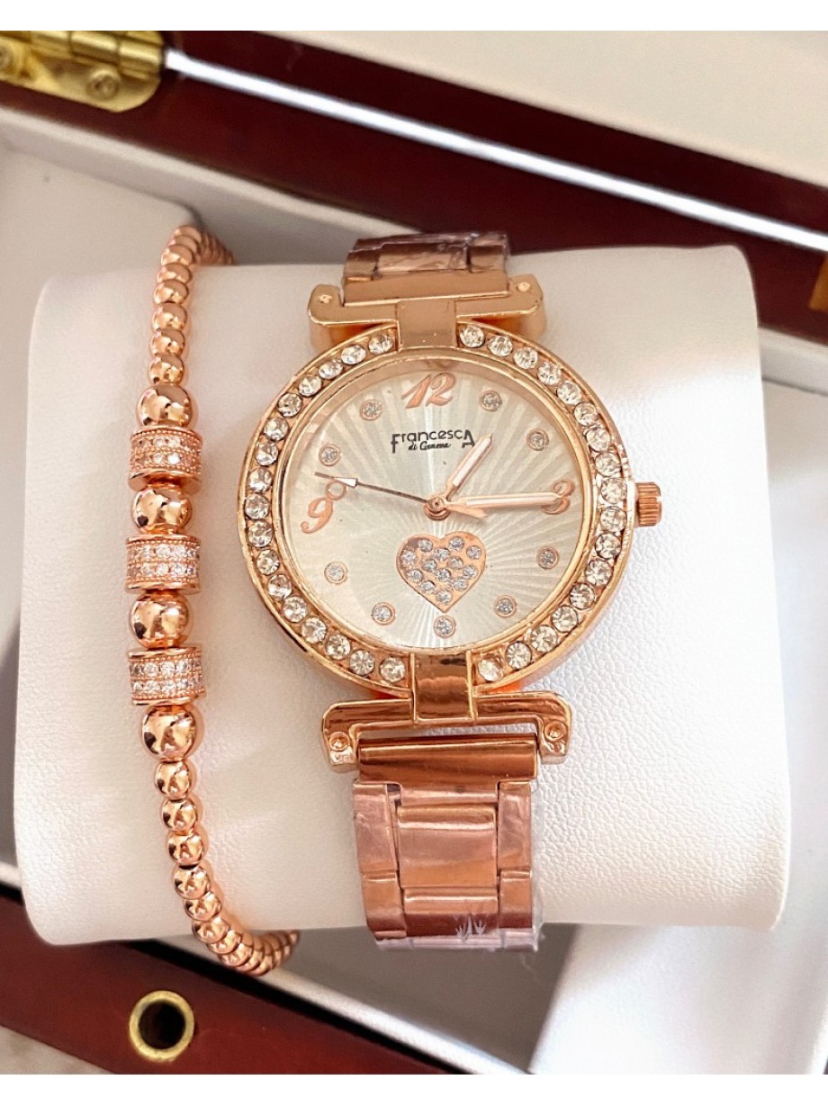 Ceas dama roze cu bratara metalica si cadran cu inimioara mica