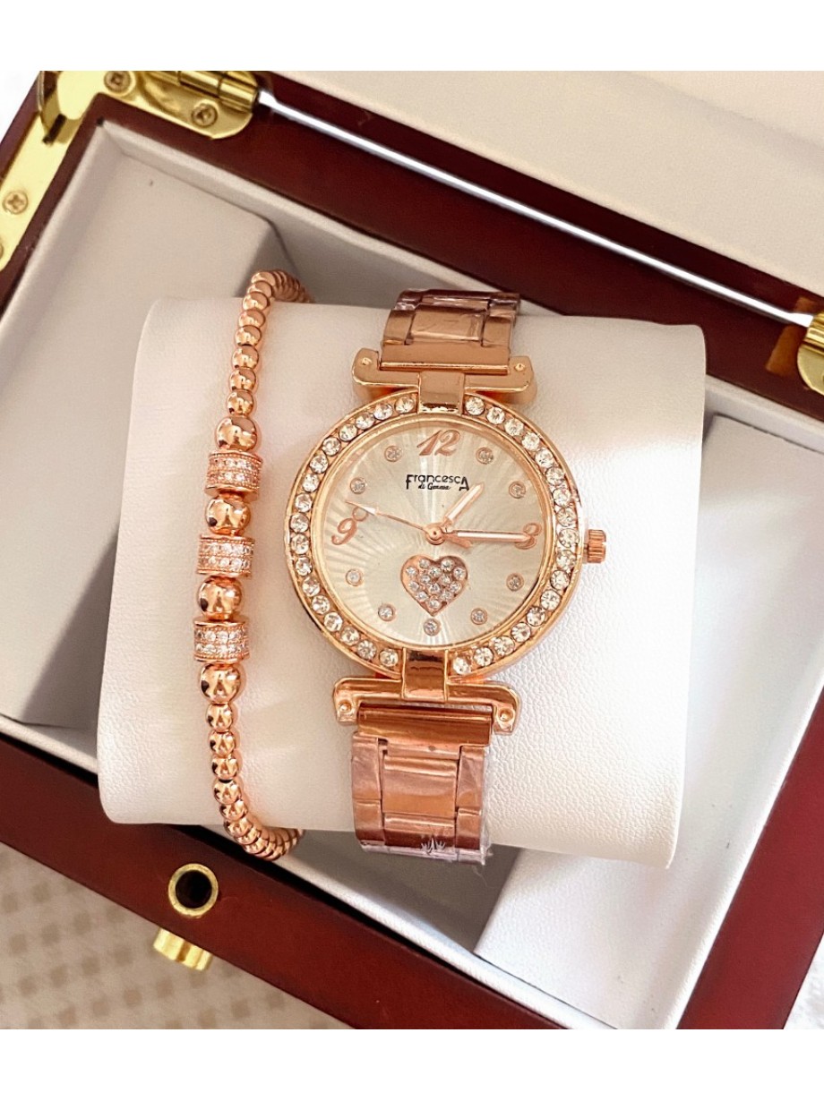 Ceas dama roze cu bratara metalica si cadran cu inimioara mica