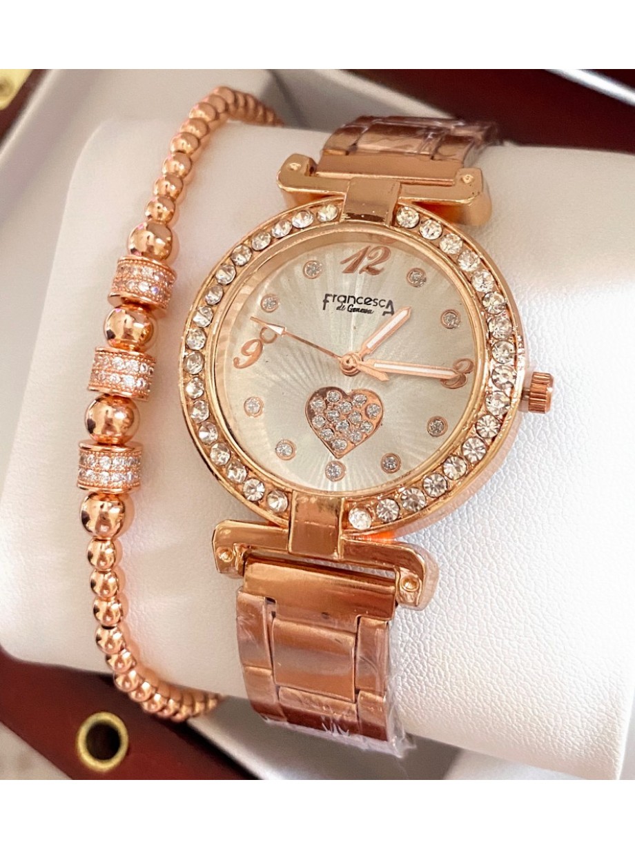 Ceas dama roze cu bratara metalica si cadran cu inimioara mica