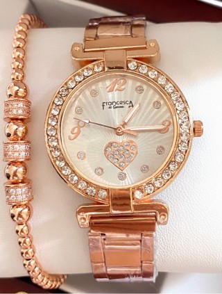 Ceas dama roze cu bratara metalica si cadran cu inimioara mica