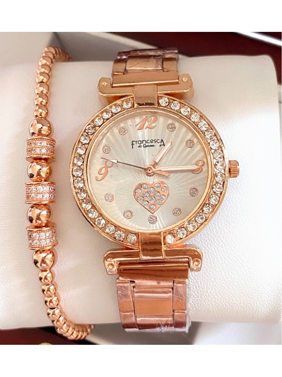 Ceas dama roze cu bratara metalica si cadran cu inimioara mica