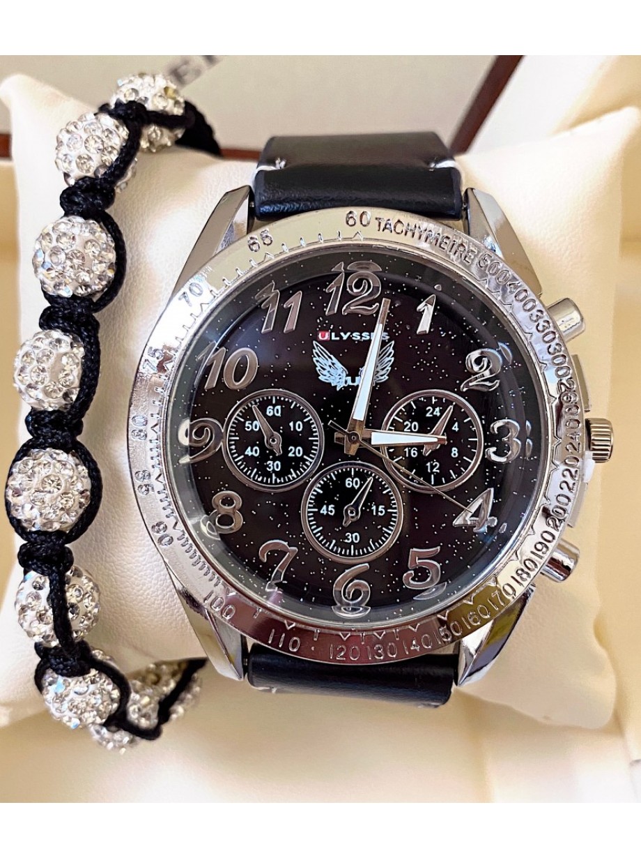 Ceas barbat negru cu bratara din piele ecologica si cadran cu argintiu