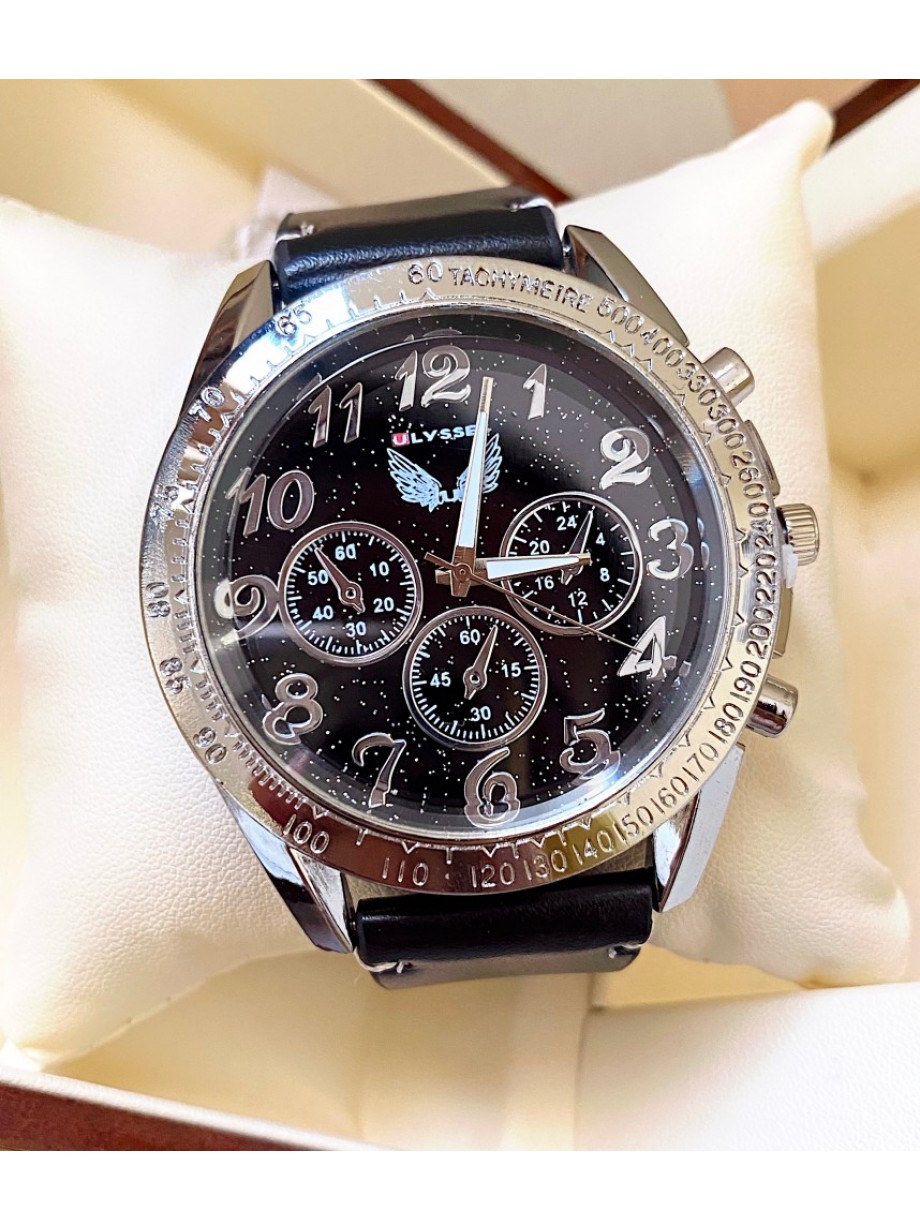 Ceas barbat negru cu bratara din piele ecologica si cadran cu argintiu