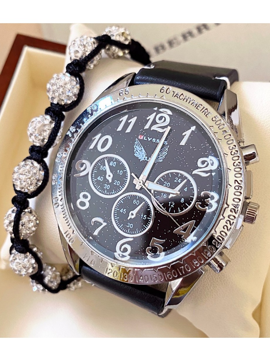 Ceas barbat negru cu bratara din piele ecologica si cadran cu argintiu