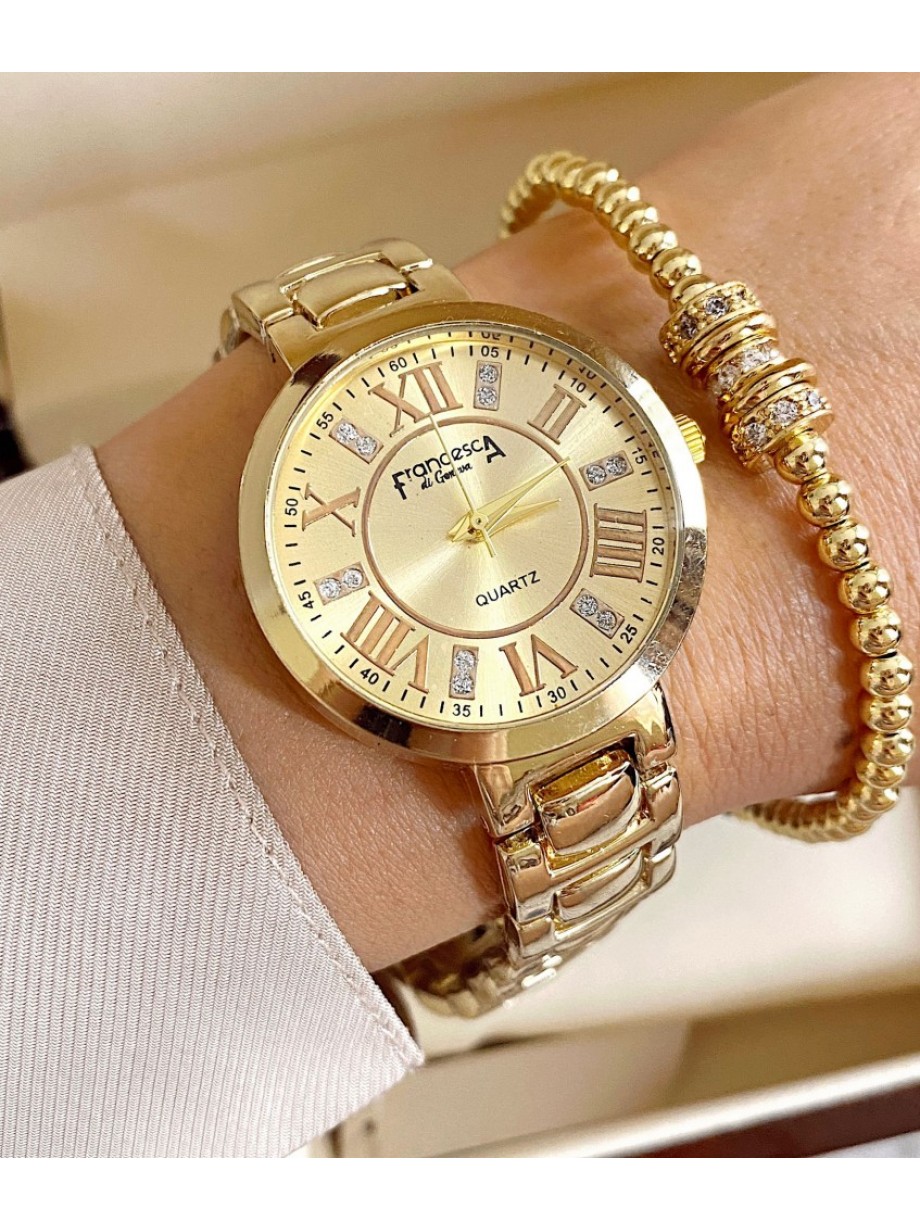 Ceas dama auriu cu bratara metalica si cadran cu cifre romane