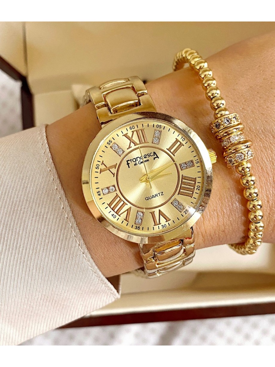 Ceas dama auriu cu bratara metalica si cadran cu cifre romane