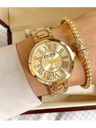 Ceas dama auriu cu bratara metalica si cadran cu cifre romane