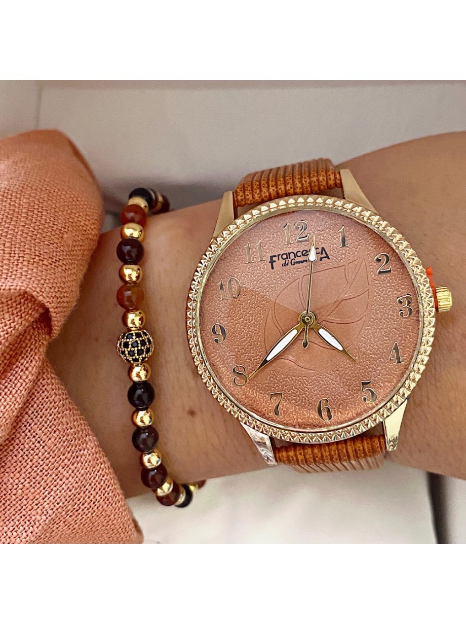 Ceas dama portocaliu cu bratara din piele ecologica si cadran cu cifre mici