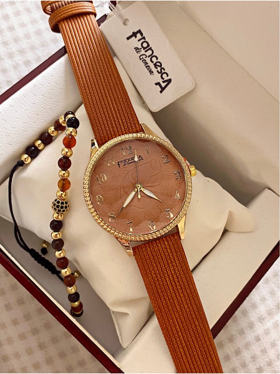 Ceas dama portocaliu cu bratara din piele ecologica si cadran cu cifre mici