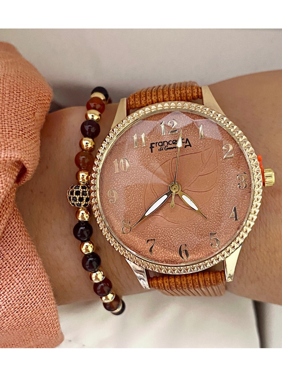 Ceas dama portocaliu cu bratara din piele ecologica si cadran cu cifre mici