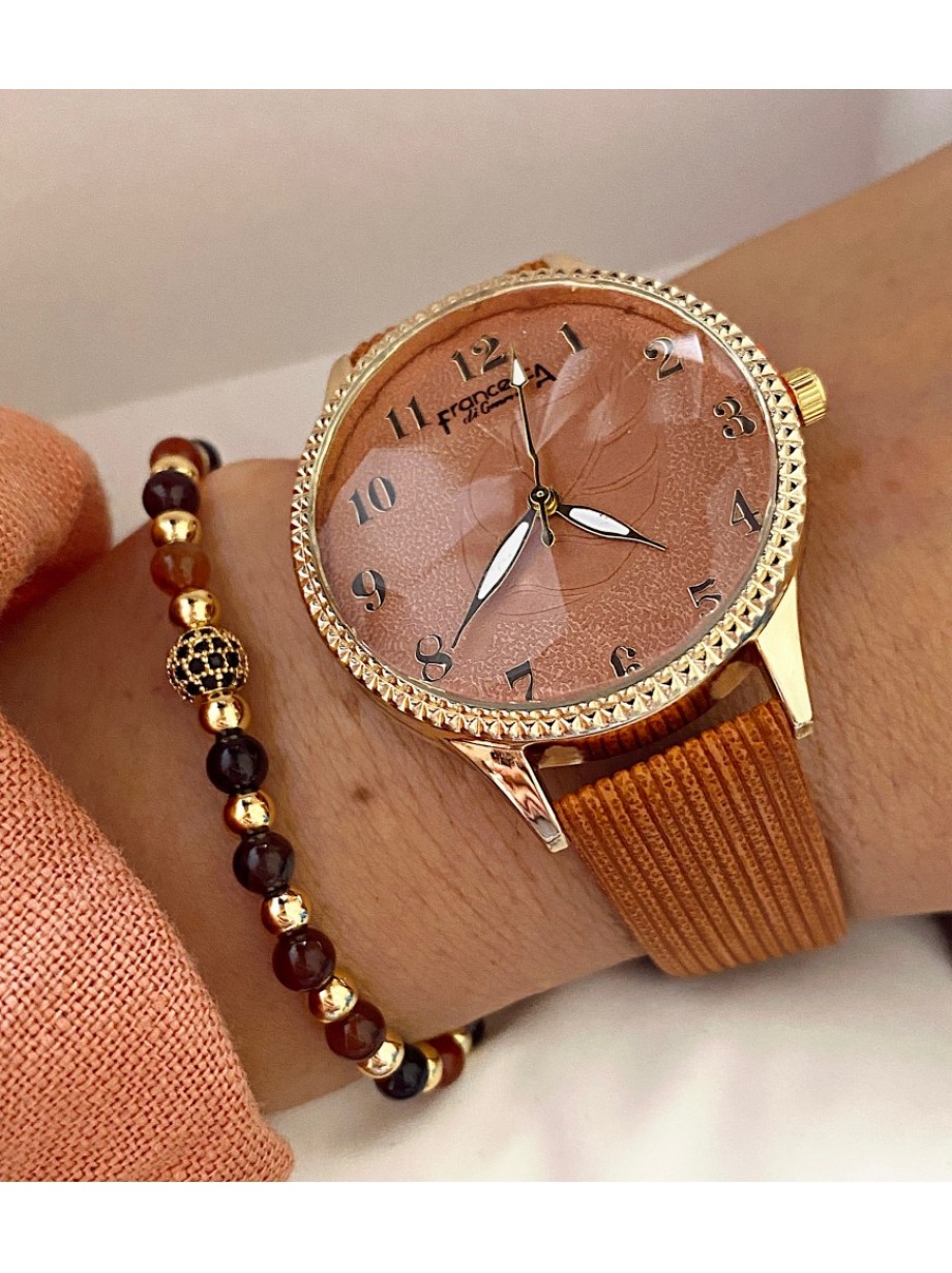 Ceas dama portocaliu cu bratara din piele ecologica si cadran cu cifre mici