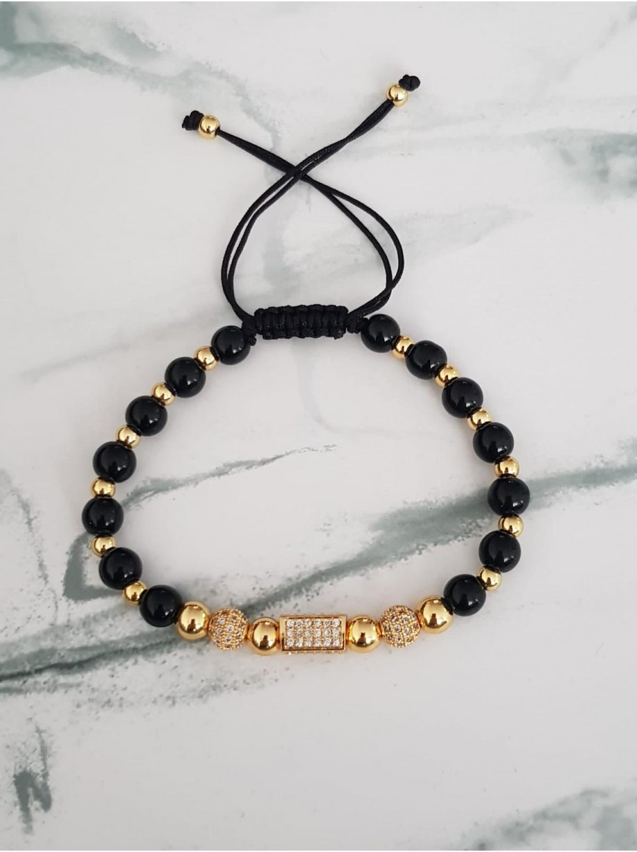 Bratara dama model deosebit cu margele aurii si negre si forme cu pietricele stralucitoare
