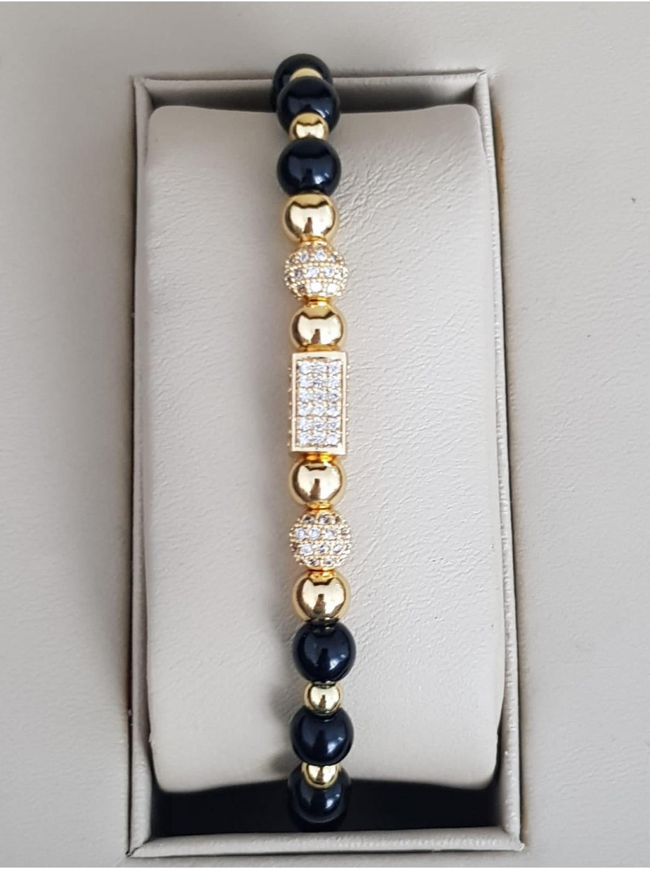 Bratara dama model deosebit cu margele aurii si negre si forme cu pietricele stralucitoare