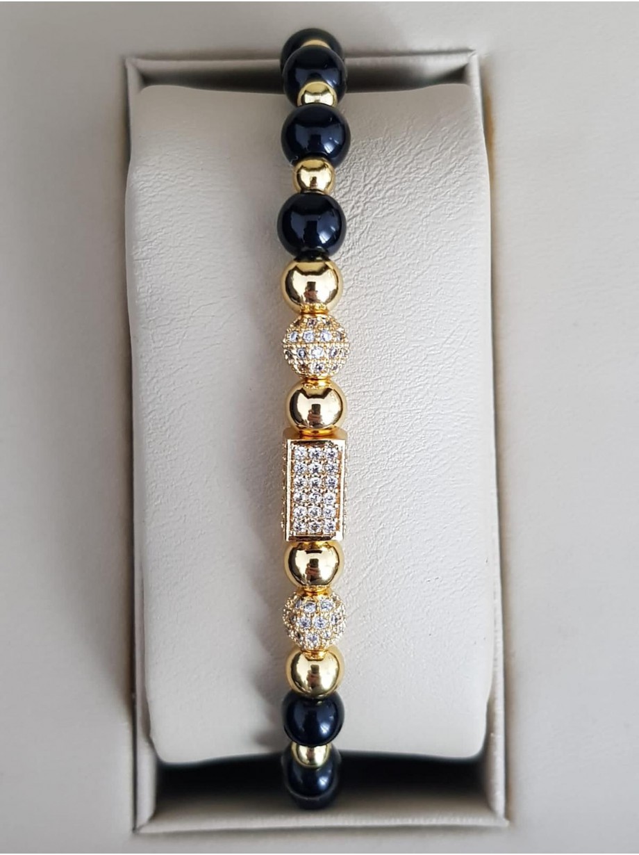 Bratara dama model deosebit cu margele aurii si negre si forme cu pietricele stralucitoare