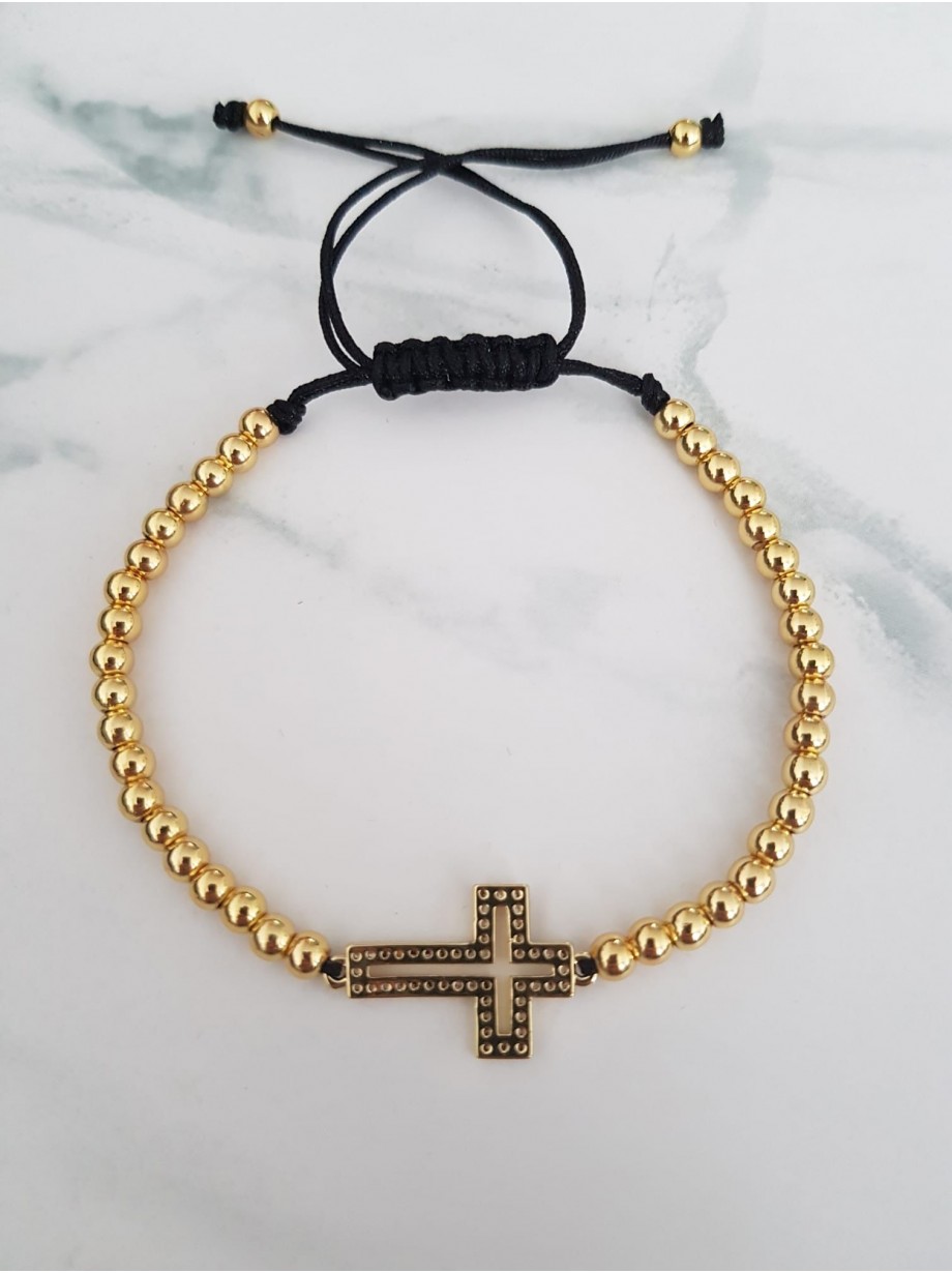 Bratara dama model deosebit cu margele aurii si cruciulita cu pietricele negre