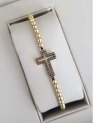 Bratara dama model deosebit cu margele aurii si cruciulita cu pietricele negre