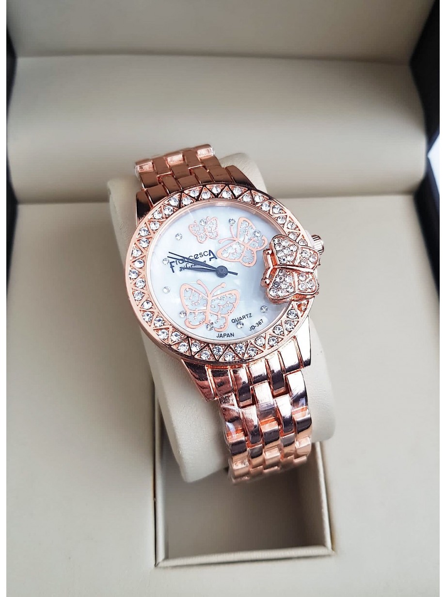 Ceas dama deosebit rose cu fluturasi pe cadran si pietricele