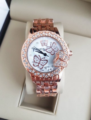 Ceas dama deosebit rose cu fluturasi pe cadran si pietricele