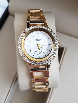 Ceas dama deosebit auriu cu cifre micute pe cadran si pietricele