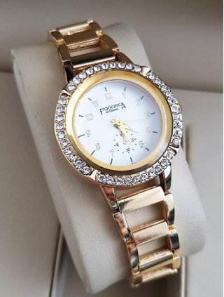 Ceas dama deosebit auriu cu cifre micute pe cadran si pietricele