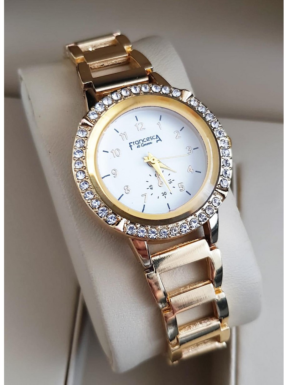 Ceas dama deosebit auriu cu cifre micute pe cadran si pietricele