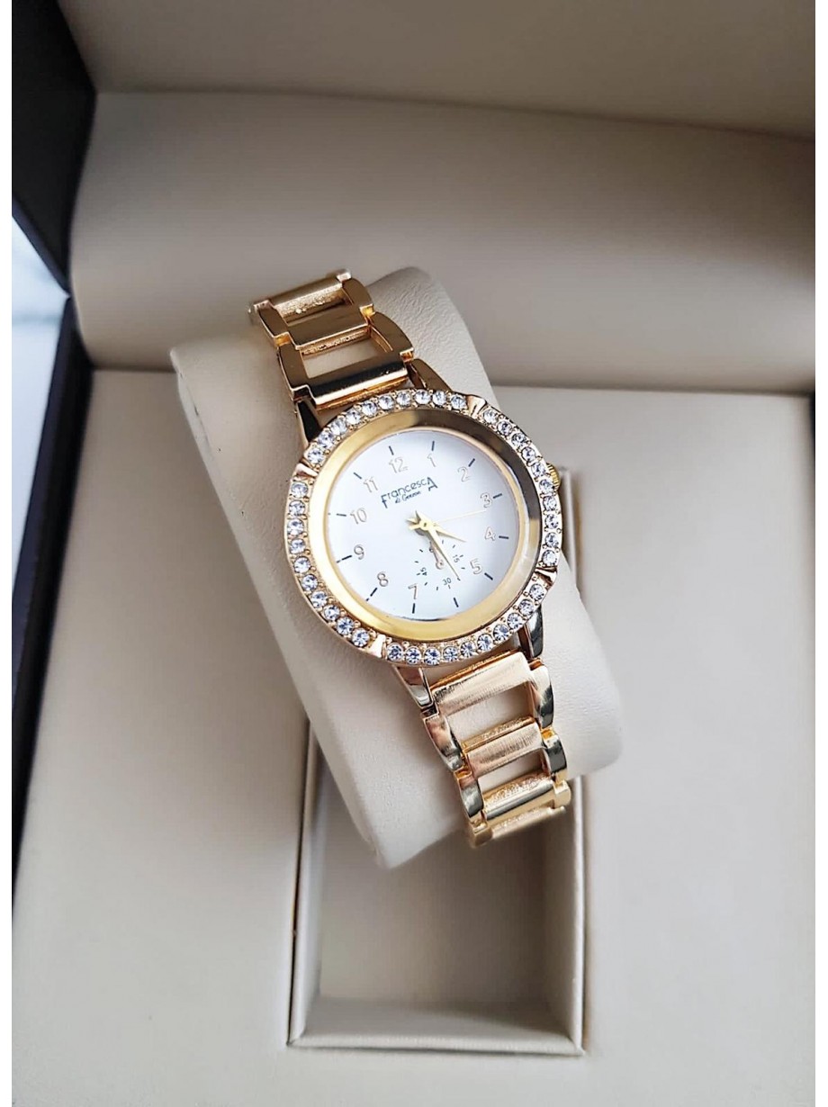 Ceas dama deosebit auriu cu cifre micute pe cadran si pietricele