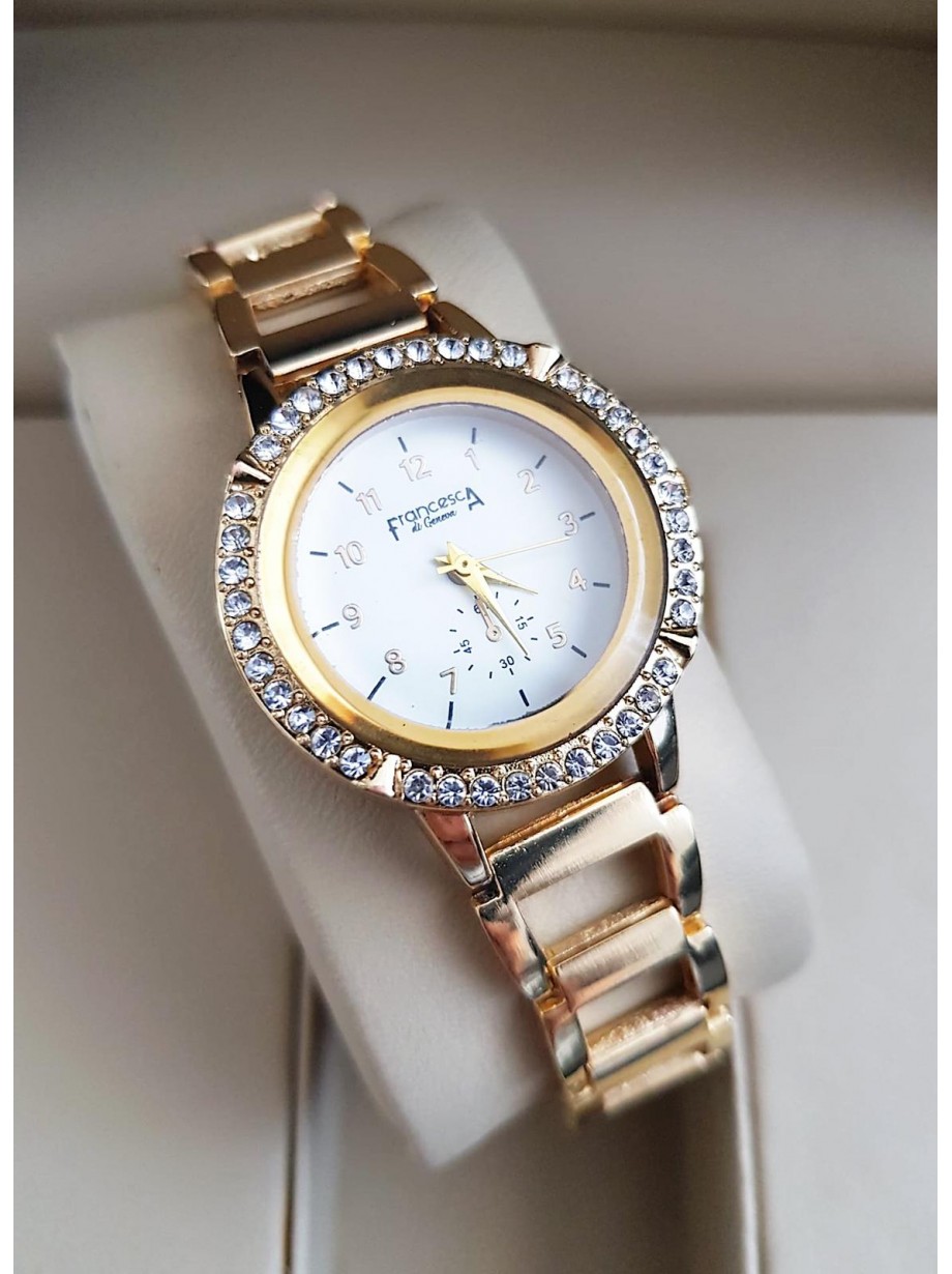 Ceas dama deosebit auriu cu cifre micute pe cadran si pietricele