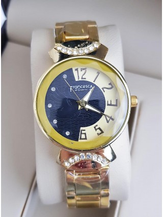 Ceas dama deosebit auriu cu model bleumarin pe cadran si curea metalica